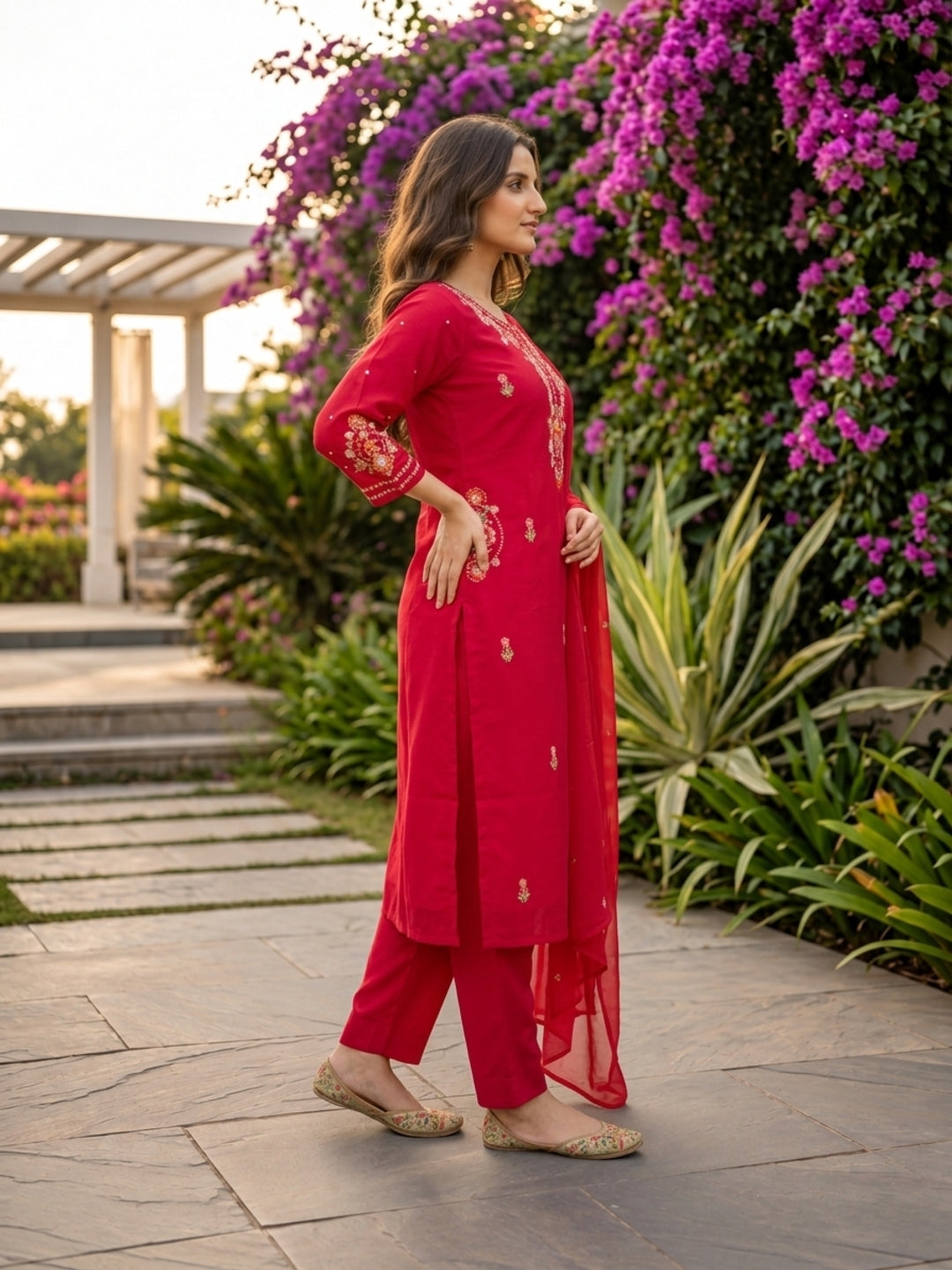 Solid Floral Embroidered Straight Kurta with Pant & Dupatta - Hot Pink