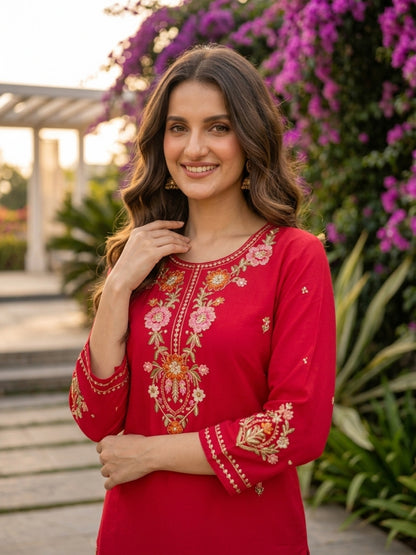 Solid Floral Embroidered Straight Kurta with Pant & Dupatta - Hot Pink