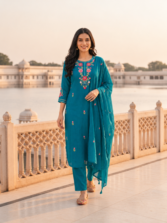Peacock Blue Solid Floral Embroidered Chanderi Silk Straight Kurta Set with Pant and Dupatta