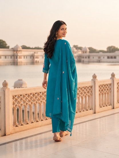Peacock Blue Solid Floral Embroidered Chanderi Silk Straight Kurta Set with Pant and Dupatta