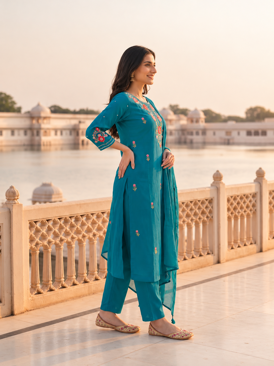 Peacock Blue Solid Floral Embroidered Chanderi Silk Straight Kurta Set with Pant and Dupatta