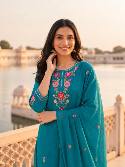 Peacock Blue Solid Floral Embroidered Chanderi Silk Straight Kurta Set with Pant and Dupatta