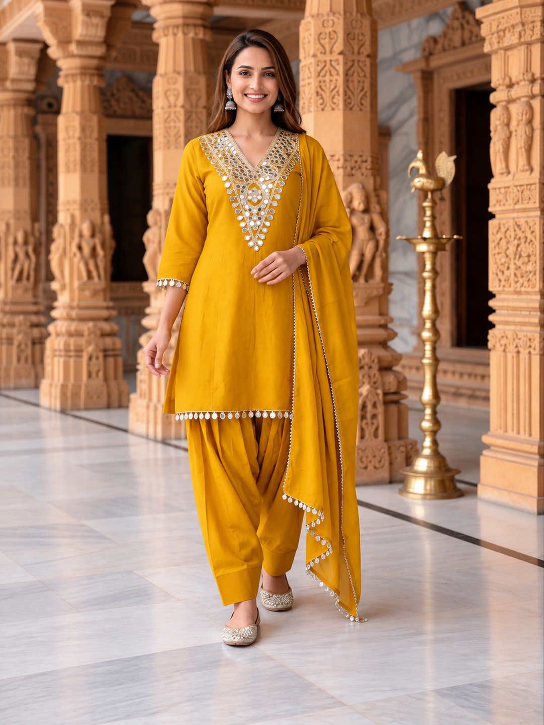 Mustard Yellow Solid Floral Embroidered Chanderi Silk Straight Kurta Set with Pant and Dupatta