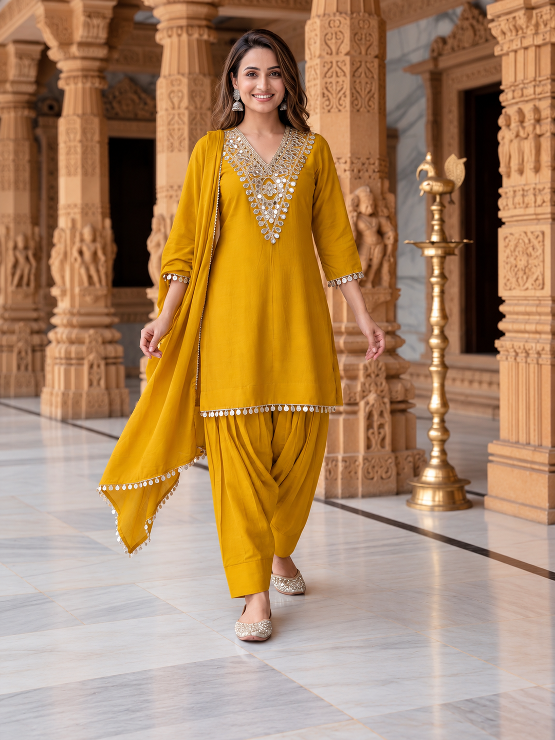 Mustard Yellow Solid Floral Embroidered Chanderi Silk Straight Kurta Set with Pant and Dupatta