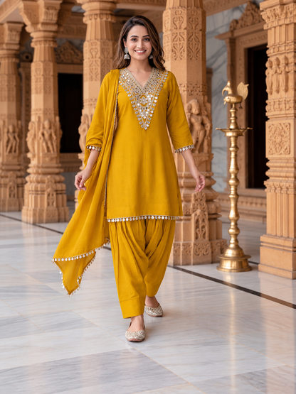 Mustard Yellow Solid Floral Embroidered Chanderi Silk Straight Kurta Set with Pant and Dupatta
