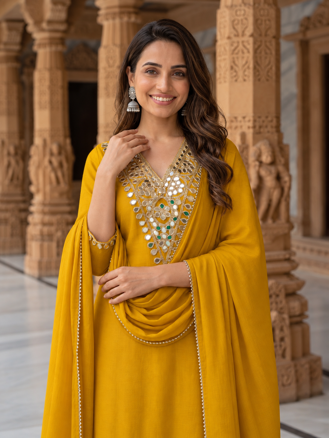 Mustard Yellow Solid Floral Embroidered Chanderi Silk Straight Kurta Set with Pant and Dupatta