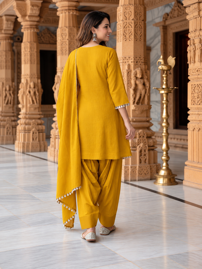 Mustard Yellow Solid Floral Embroidered Chanderi Silk Straight Kurta Set with Pant and Dupatta
