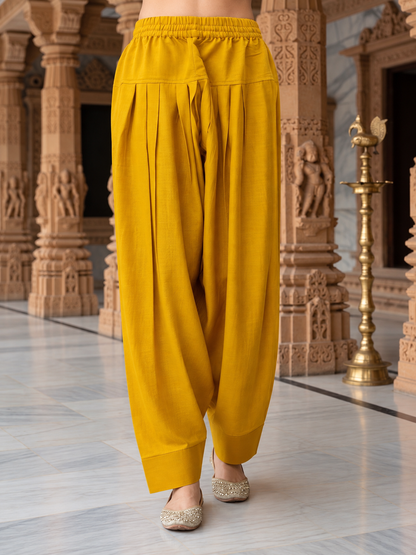 Mustard Yellow Solid Floral Embroidered Chanderi Silk Straight Kurta Set with Pant and Dupatta