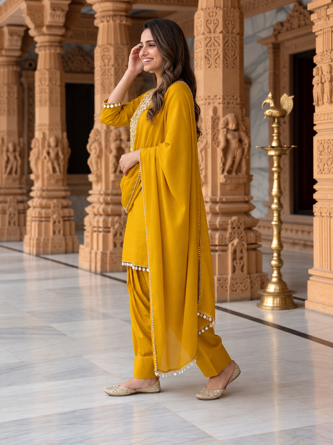 Mustard Yellow Solid Floral Embroidered Chanderi Silk Straight Kurta Set with Pant and Dupatta