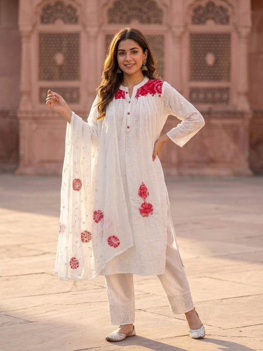Off White Solid Floral Embroidered Georgette A-Line Pleated Kurta Set with Pant and Dupatta