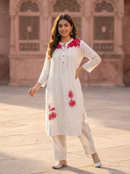 Off White Solid Floral Embroidered Georgette A-Line Pleated Kurta Set with Pant and Dupatta