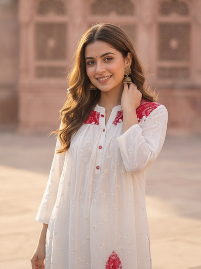 Off White Solid Floral Embroidered Georgette A-Line Pleated Kurta Set with Pant and Dupatta