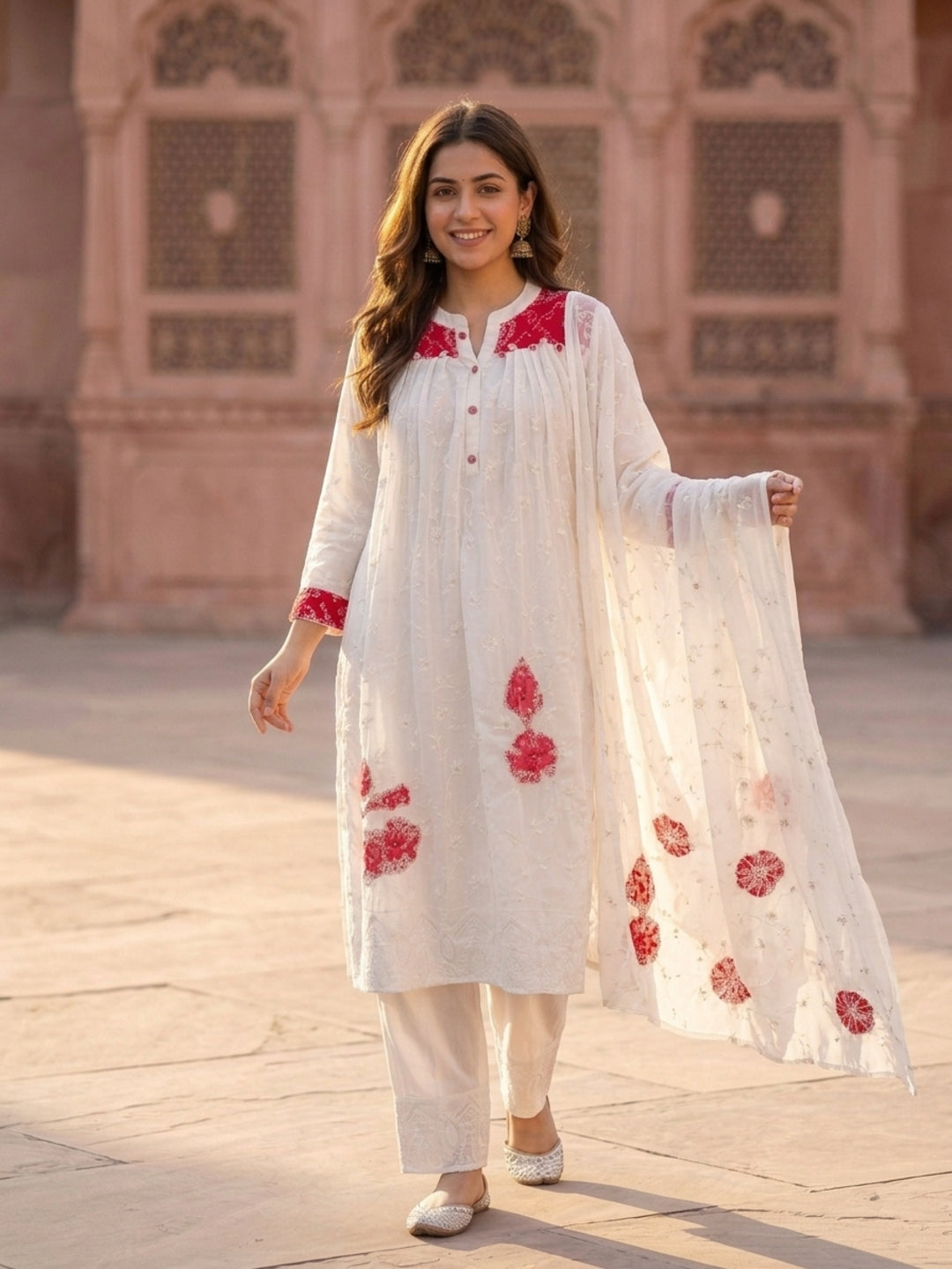 Off White Solid Floral Embroidered Georgette A-Line Pleated Kurta Set with Pant and Dupatta