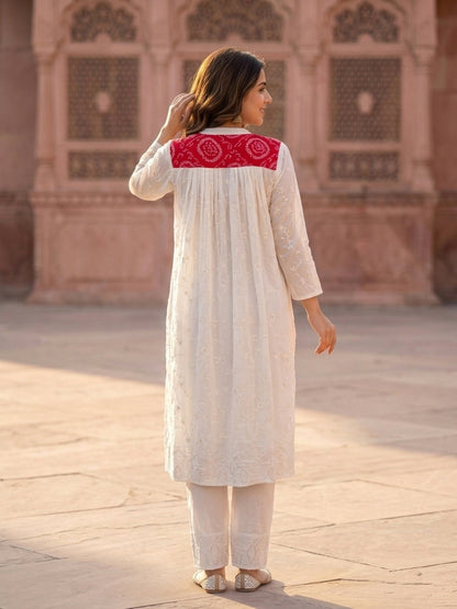 Off White Solid Floral Embroidered Georgette A-Line Pleated Kurta Set with Pant and Dupatta
