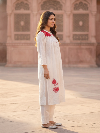 Off White Solid Floral Embroidered Georgette A-Line Pleated Kurta Set with Pant and Dupatta