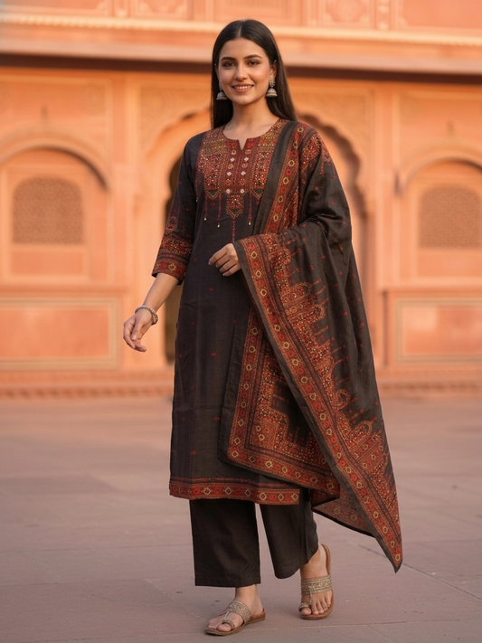 Charcoal Black Floral Ethnic Printed Embroidered Muslin Silk Straight Kurta Set with Pant and Dupatta