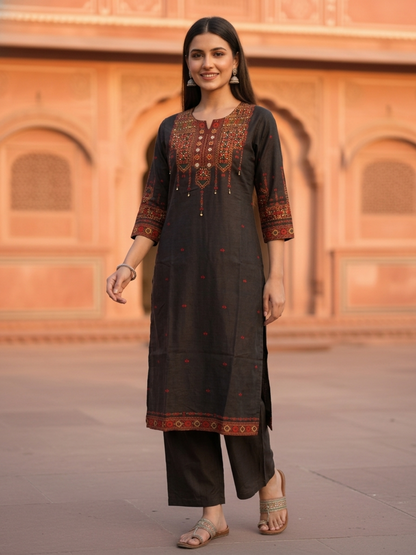Charcoal Black Floral Ethnic Printed Embroidered Muslin Silk Straight Kurta Set with Pant and Dupatta