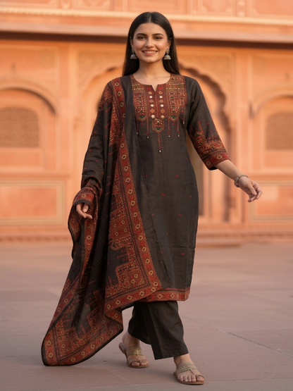 Charcoal Black Floral Ethnic Printed Embroidered Muslin Silk Straight Kurta Set with Pant and Dupatta
