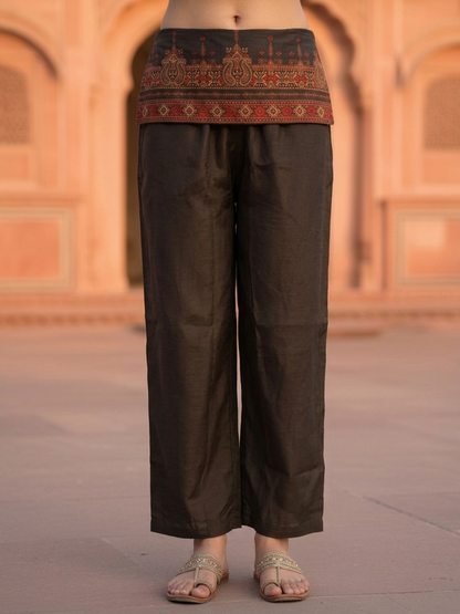 Charcoal Black Floral Ethnic Printed Embroidered Muslin Silk Straight Kurta Set with Pant and Dupatta