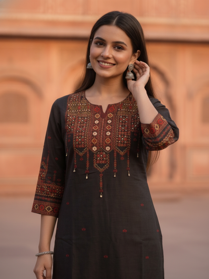 Charcoal Black Floral Ethnic Printed Embroidered Muslin Silk Straight Kurta Set with Pant and Dupatta