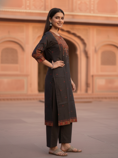 Charcoal Black Floral Ethnic Printed Embroidered Muslin Silk Straight Kurta Set with Pant and Dupatta