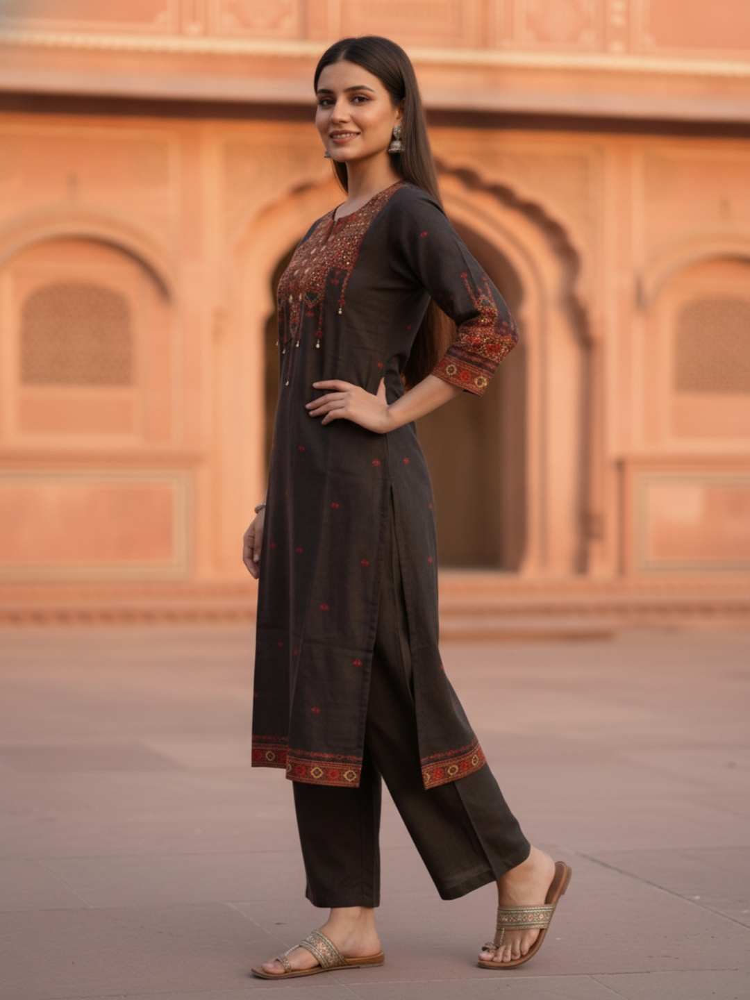 Charcoal Black Floral Ethnic Printed Embroidered Muslin Silk Straight Kurta Set with Pant and Dupatta