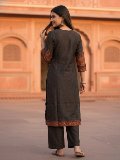 Charcoal Black Floral Ethnic Printed Embroidered Muslin Silk Straight Kurta Set with Pant and Dupatta