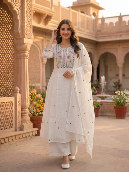 Off White Solid Floral Embroidered Chanderi Silk Anarkali Kurta Set with Palazzo and Dupatta