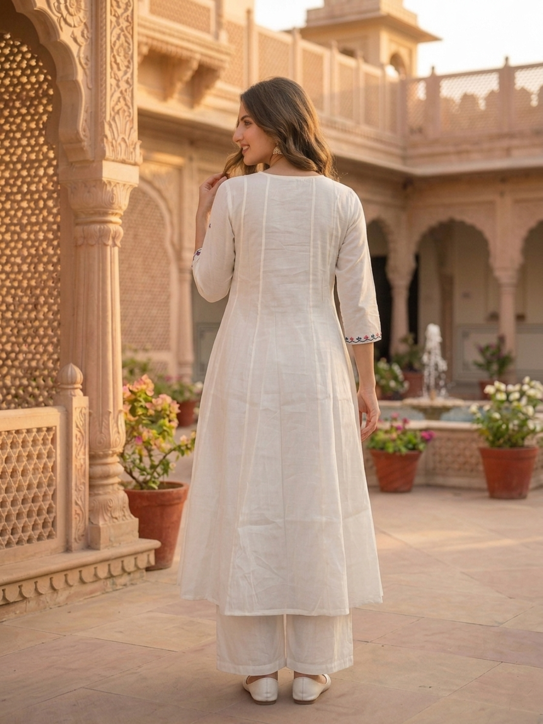Off White Solid Floral Embroidered Chanderi Silk Anarkali Kurta Set with Palazzo and Dupatta