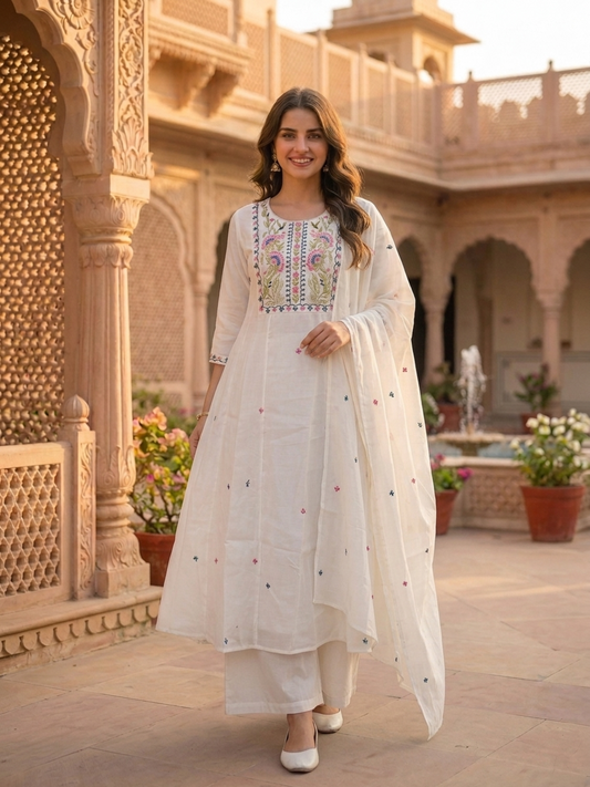 Off White Solid Floral Embroidered Chanderi Silk Anarkali Kurta Set with Palazzo and Dupatta
