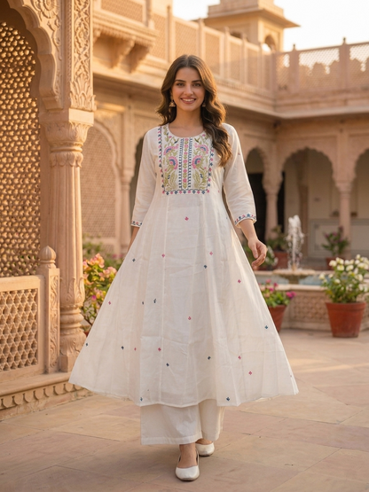 Off White Solid Floral Embroidered Chanderi Silk Anarkali Kurta Set with Palazzo and Dupatta