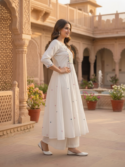 Off White Solid Floral Embroidered Chanderi Silk Anarkali Kurta Set with Palazzo and Dupatta