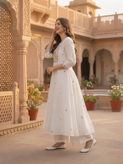 Off White Solid Floral Embroidered Chanderi Silk Anarkali Kurta Set with Palazzo and Dupatta
