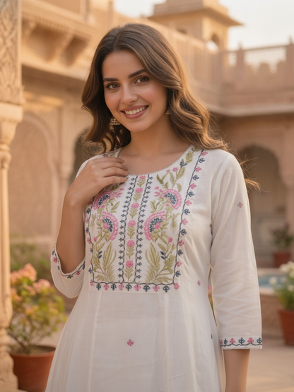 Off White Solid Floral Embroidered Chanderi Silk Anarkali Kurta Set with Palazzo and Dupatta