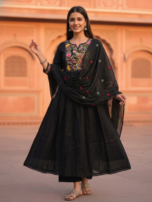 Black Solid Floral Sequin Embroidered Chanderi Silk A-Line Pleated Kurta Set with Palazzo and Dupatta