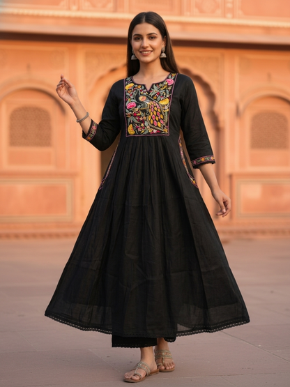 Black Solid Floral Sequin Embroidered Chanderi Silk A-Line Pleated Kurta Set with Palazzo and Dupatta
