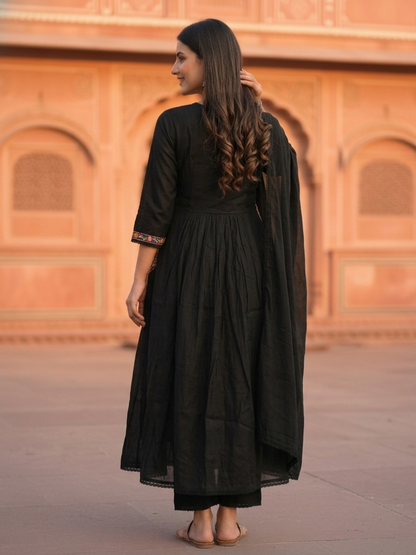 Black Solid Floral Sequin Embroidered Chanderi Silk A-Line Pleated Kurta Set with Palazzo and Dupatta