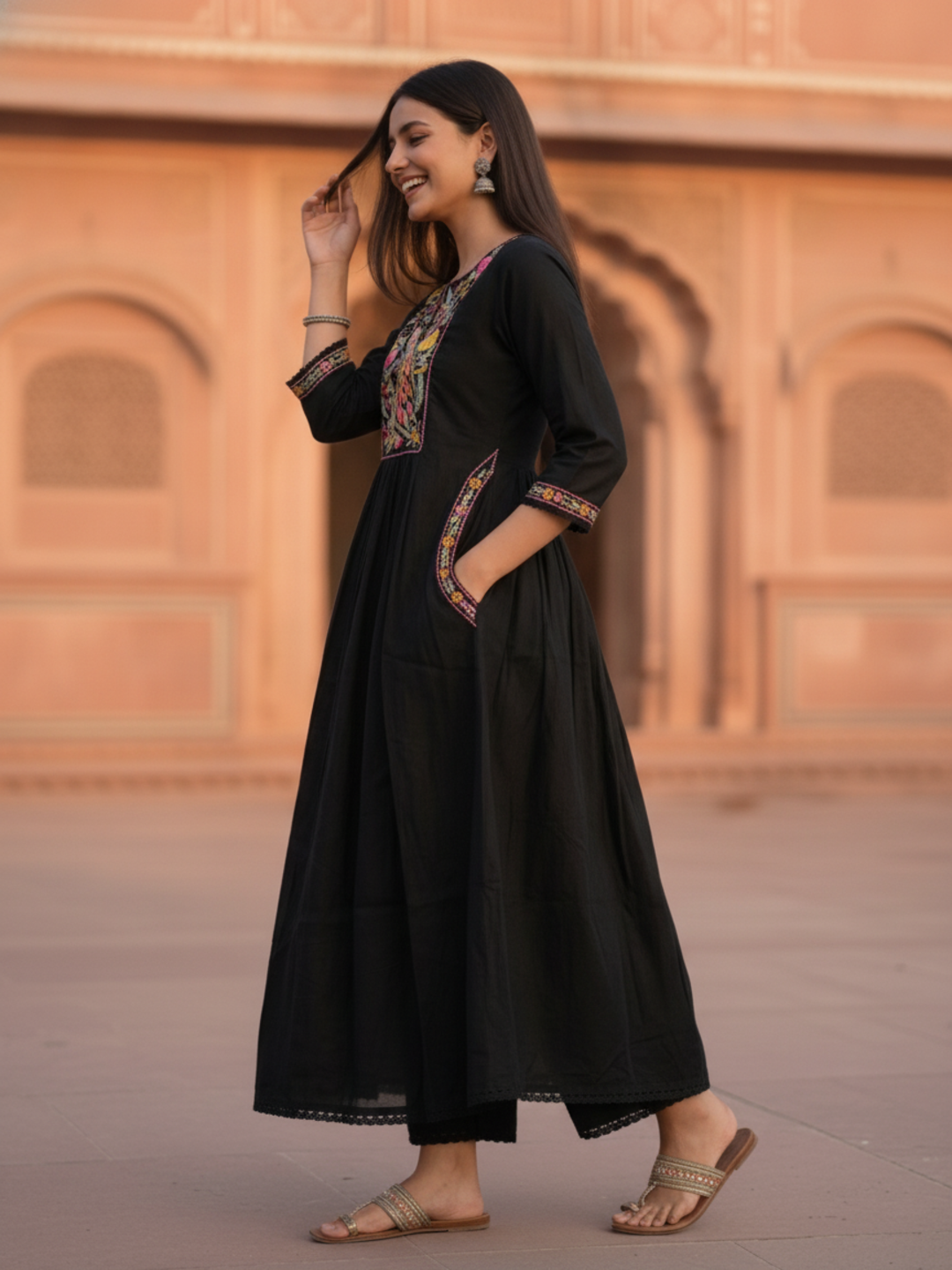 Black Solid Floral Sequin Embroidered Chanderi Silk A-Line Pleated Kurta Set with Palazzo and Dupatta