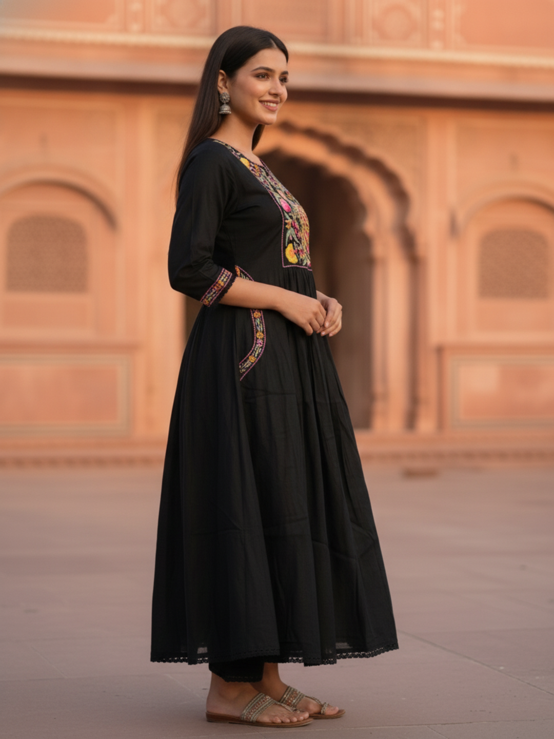 Black Solid Floral Sequin Embroidered Chanderi Silk A-Line Pleated Kurta Set with Palazzo and Dupatta