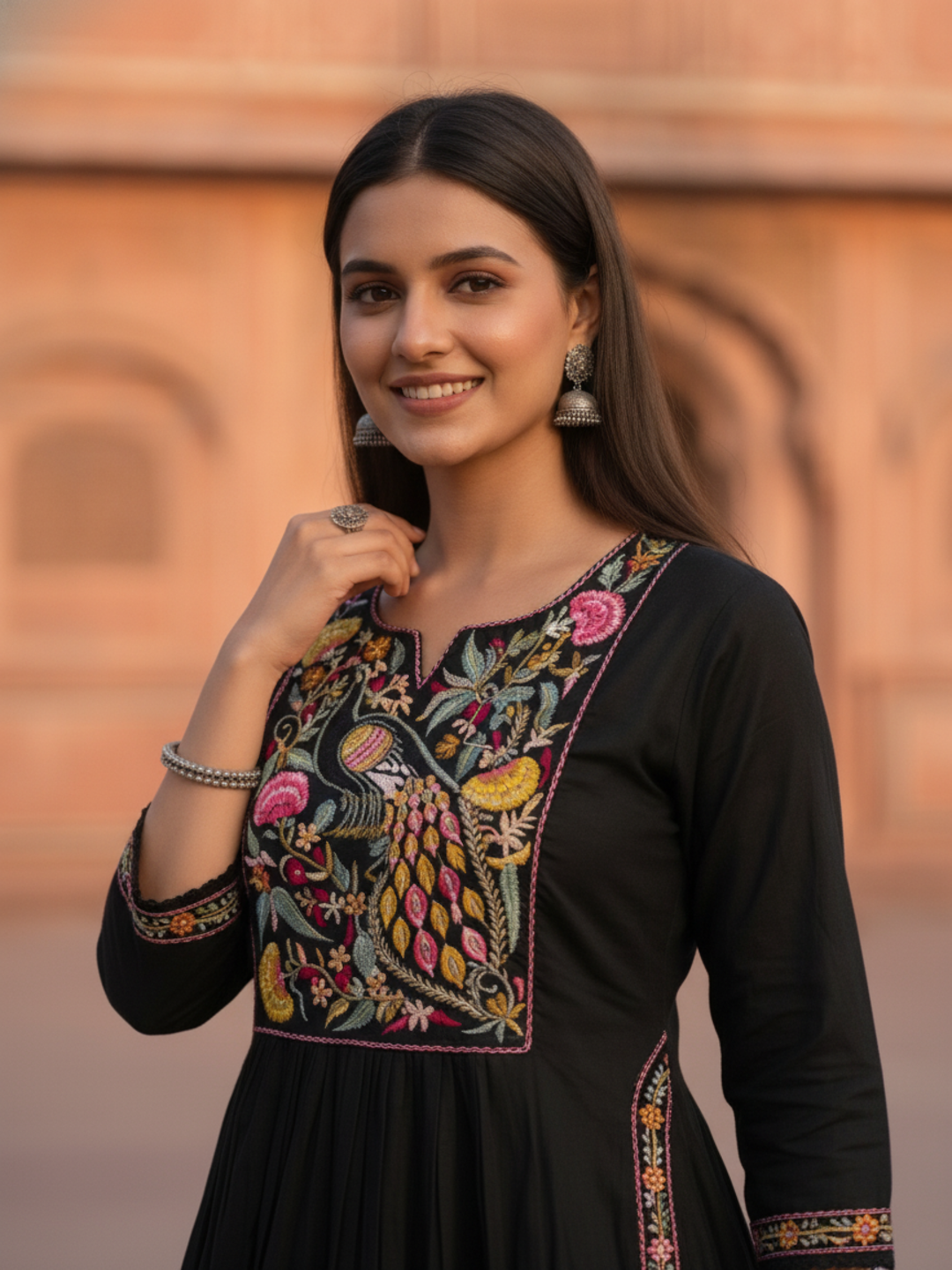 Black Solid Floral Sequin Embroidered Chanderi Silk A-Line Pleated Kurta Set with Palazzo and Dupatta
