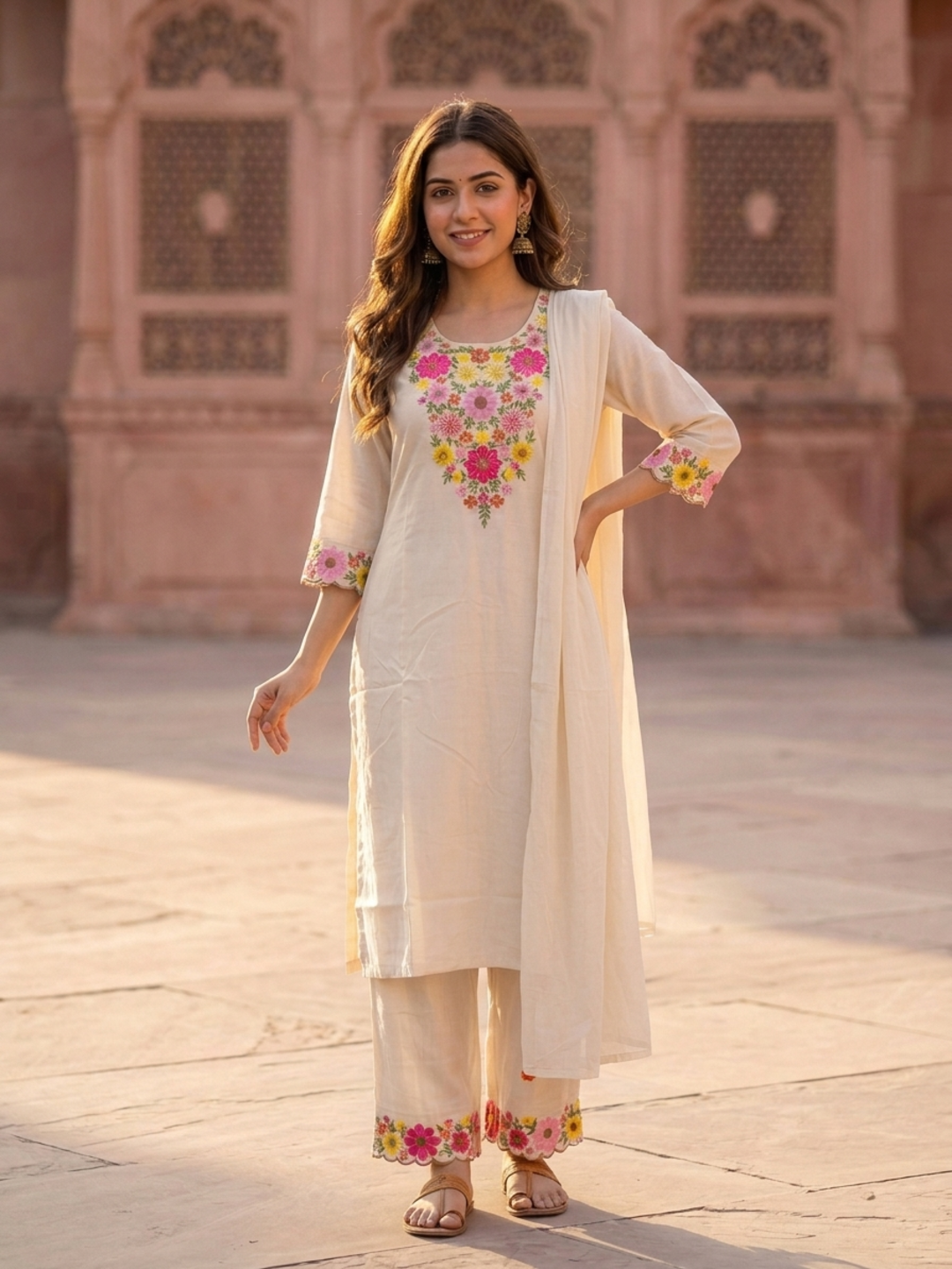 Cream Solid Floral Embroidered Chanderi Silk Straight Kurta Set with Palazzo and Dupatta