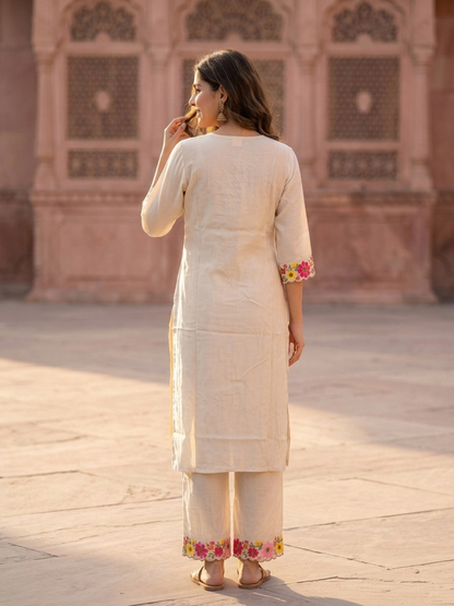 Cream Solid Floral Embroidered Chanderi Silk Straight Kurta Set with Palazzo and Dupatta
