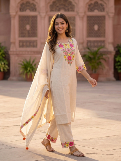 Cream Solid Floral Embroidered Chanderi Silk Straight Kurta Set with Palazzo and Dupatta