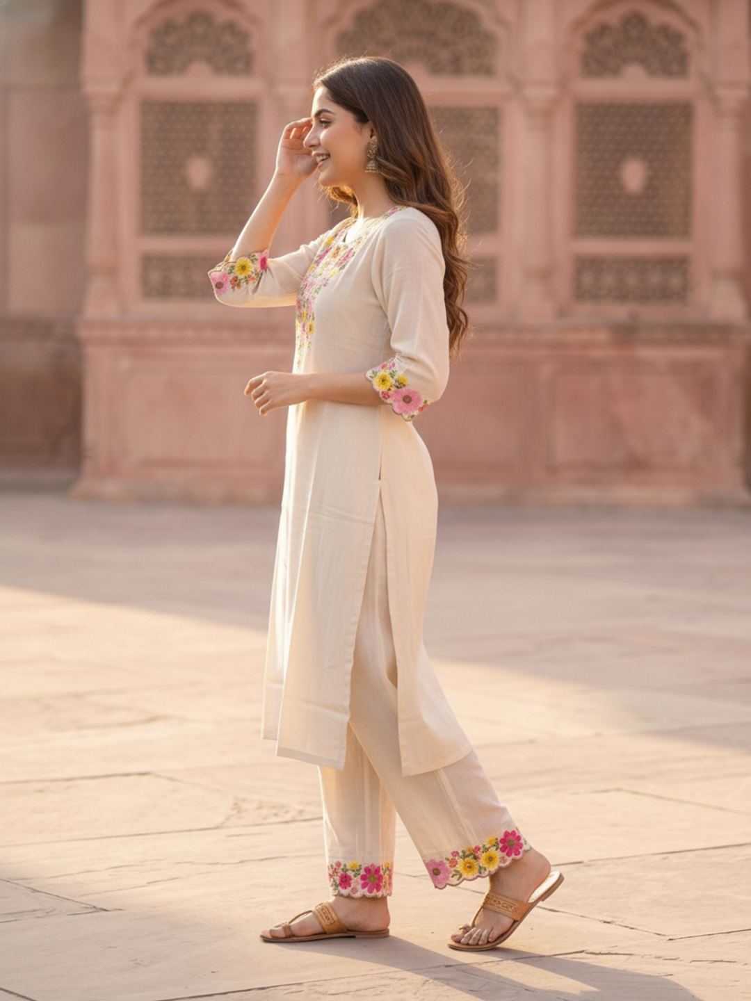 Cream Solid Floral Embroidered Chanderi Silk Straight Kurta Set with Palazzo and Dupatta