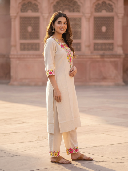 Cream Solid Floral Embroidered Chanderi Silk Straight Kurta Set with Palazzo and Dupatta