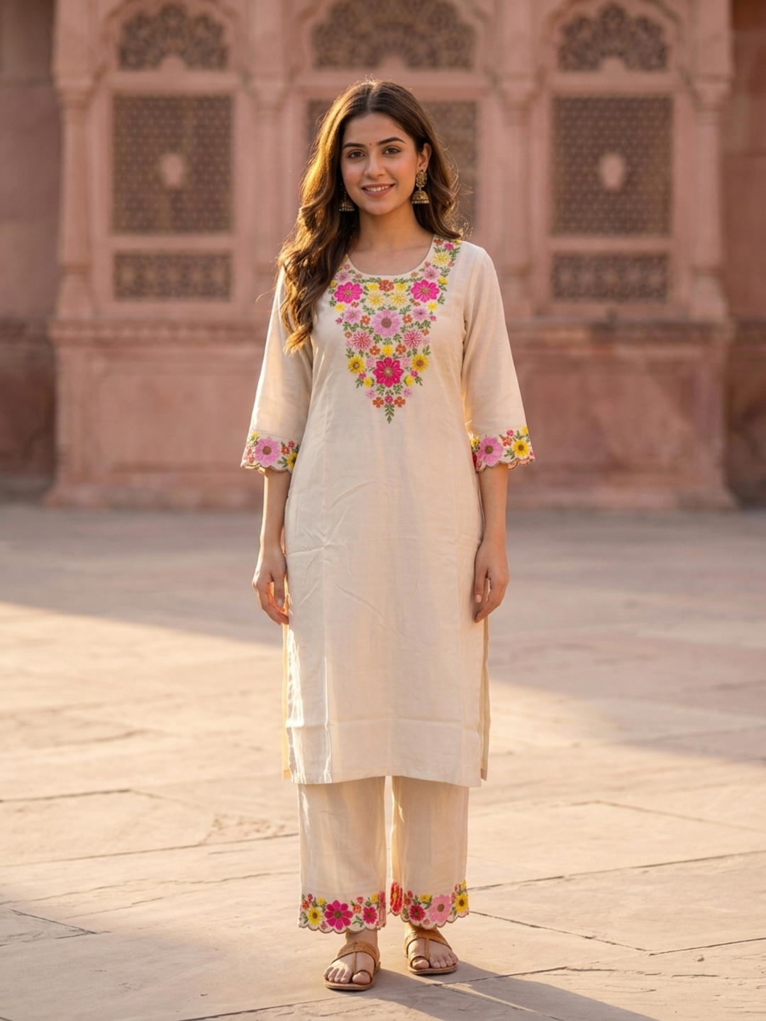 Cream Solid Floral Embroidered Chanderi Silk Straight Kurta Set with Palazzo and Dupatta
