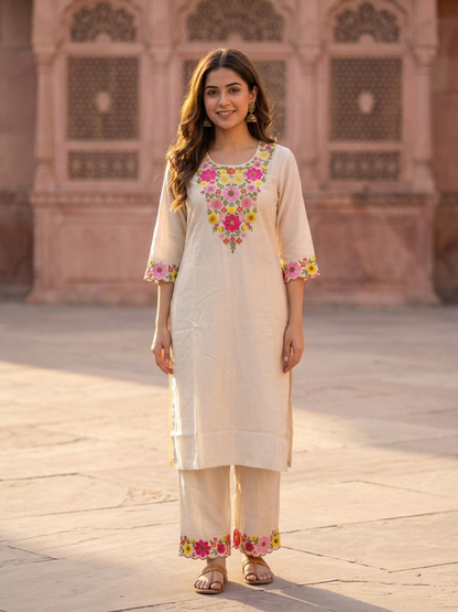Cream Solid Floral Embroidered Chanderi Silk Straight Kurta Set with Palazzo and Dupatta