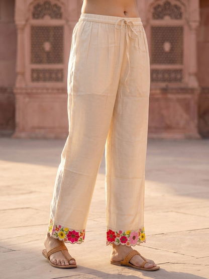 Cream Solid Floral Embroidered Chanderi Silk Straight Kurta Set with Palazzo and Dupatta