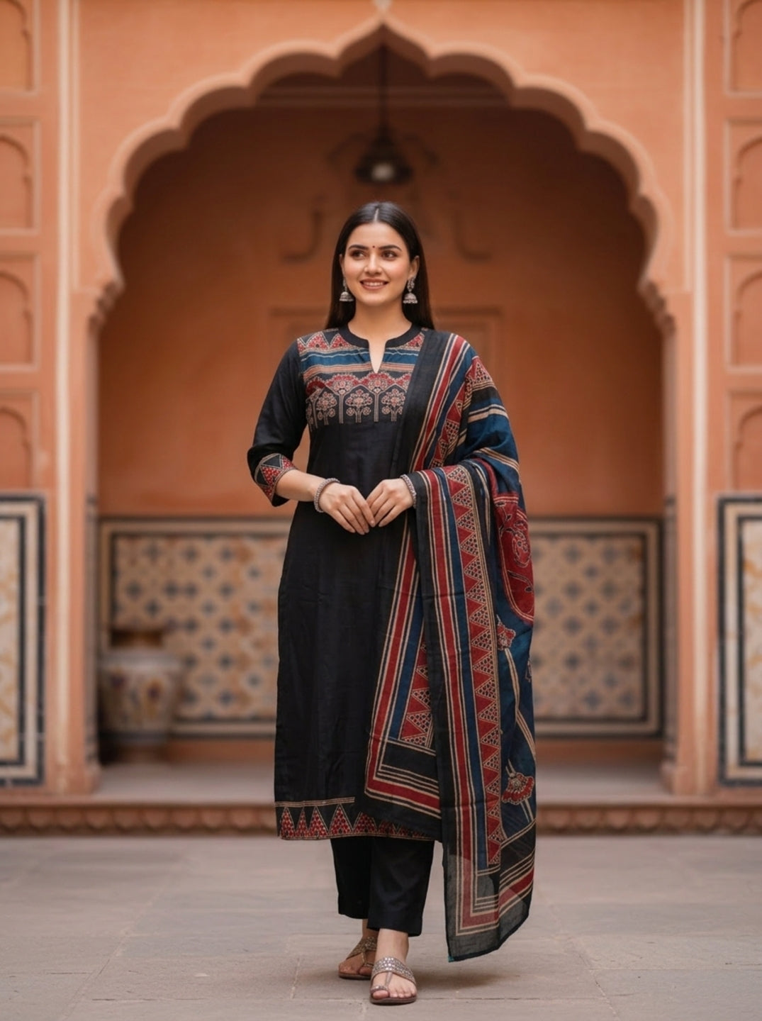 Black Ethnic Printed Embroidered Cotton Anarkali Kurta Set with Pant and Printed Dupatta