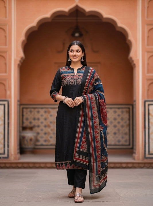 Black Ethnic Printed Embroidered Cotton Anarkali Kurta Set with Pant and Printed Dupatta